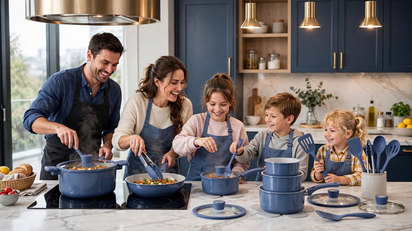 Família preparando refeições em cozinha moderna com jogo de panelas de cerâmica azul.