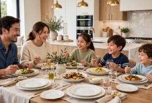 Família asiática com cinco pessoas sorrindo enquanto faz uma refeição junta ao redor de uma mesa de madeira posta com um jogo de pratos brancos elegantes, talheres dourados e saladas.