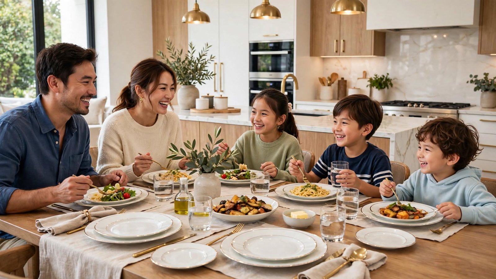 Família asiática com cinco pessoas sorrindo enquanto faz uma refeição junta ao redor de uma mesa de madeira posta com um jogo de pratos brancos elegantes, talheres dourados e saladas.
