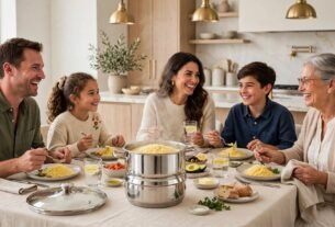 Mesa de jantar familiar servida com cuscuz preparado em uma cuscuzeira de aço inoxidável Tramontina. Cinco pessoas (avó, pais, duas crianças) comem, riem e interagem em um ambiente de cozinha doméstica acolhedor