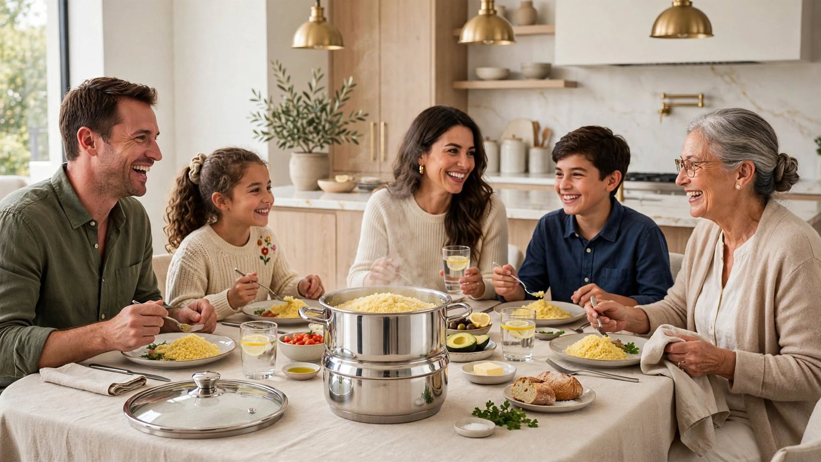 Mesa de jantar familiar servida com cuscuz preparado em uma cuscuzeira de aço inoxidável Tramontina. Cinco pessoas (avó, pais, duas crianças) comem, riem e interagem em um ambiente de cozinha doméstica acolhedor