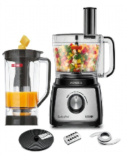 Multiprocessador Mondial Turbo Chef MPN-01-B preto de 1000W com jarra de liquidificador e acessórios para picar, ralar e fatiar alimentos.