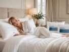 Uma mulher loira sorridente deitada em uma cama de hotel luxuosa, vestindo um pijama de seda branco. Ela repousa a cabeça sobre um travesseiro com a etiqueta "TRAVELSOFT". Ao lado dela, em cima da colcha, há dois travesseiros adicionais da marca "TRAVELSOFT" embalados em plástico. O quarto é elegante, com uma cabeceira de veludo bege e decoração clássica ao fundo.