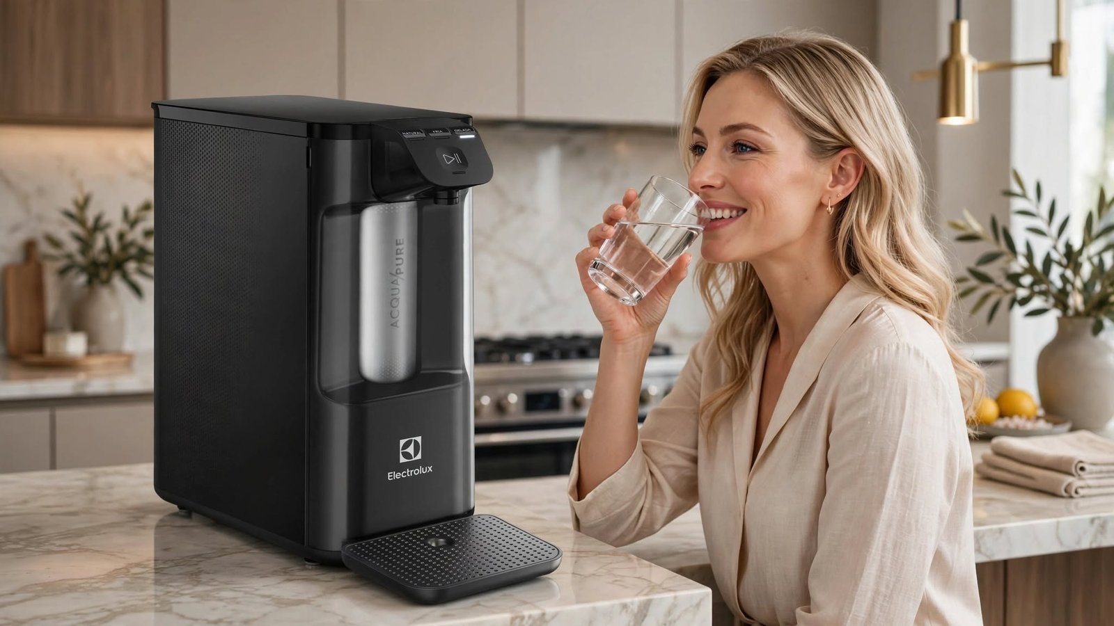 Mulher loira sorridente na cozinha, vestindo blusa bege, bebendo um copo de água fresca ao lado de um purificador de água Electrolux preto moderno instalado sobre uma bancada de mármore.