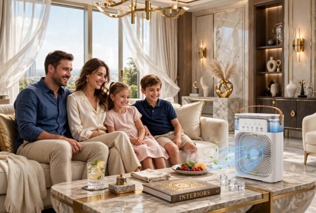 Família sorridente desfrutando do frescor de um mini climatizador portátil em sua elegante sala de estar. O aparelho, em cima da mesa de centro, emite uma névoa visível em direção a eles.