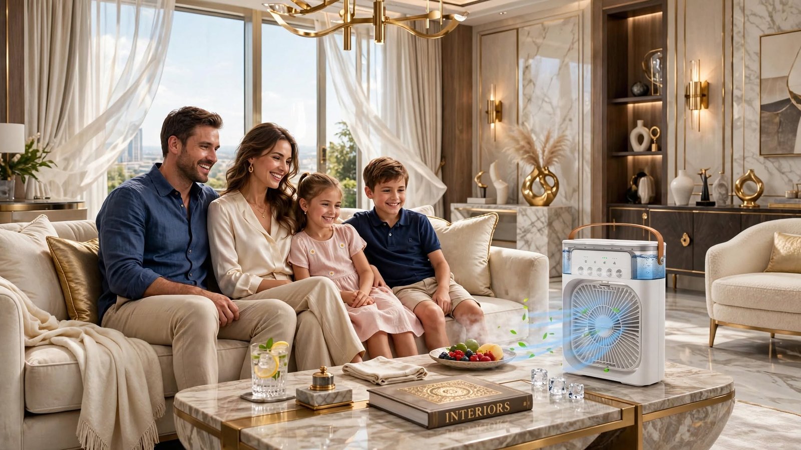 Família sorridente desfrutando do frescor de um mini climatizador portátil em sua elegante sala de estar. O aparelho, em cima da mesa de centro, emite uma névoa visível em direção a eles.