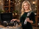 Mulher loira elegante usando vestido verde abre uma garrafa de vinho com um saca-rolhas elétrico em inox da Oster. Sobre um barril de madeira, há uma maleta preta aberta exibindo os acessórios do kit para vinho, com taças e adega ao fundo.
