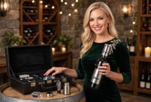 Mulher loira elegante usando vestido verde abre uma garrafa de vinho com um saca-rolhas elétrico em inox da Oster. Sobre um barril de madeira, há uma maleta preta aberta exibindo os acessórios do kit para vinho, com taças e adega ao fundo.