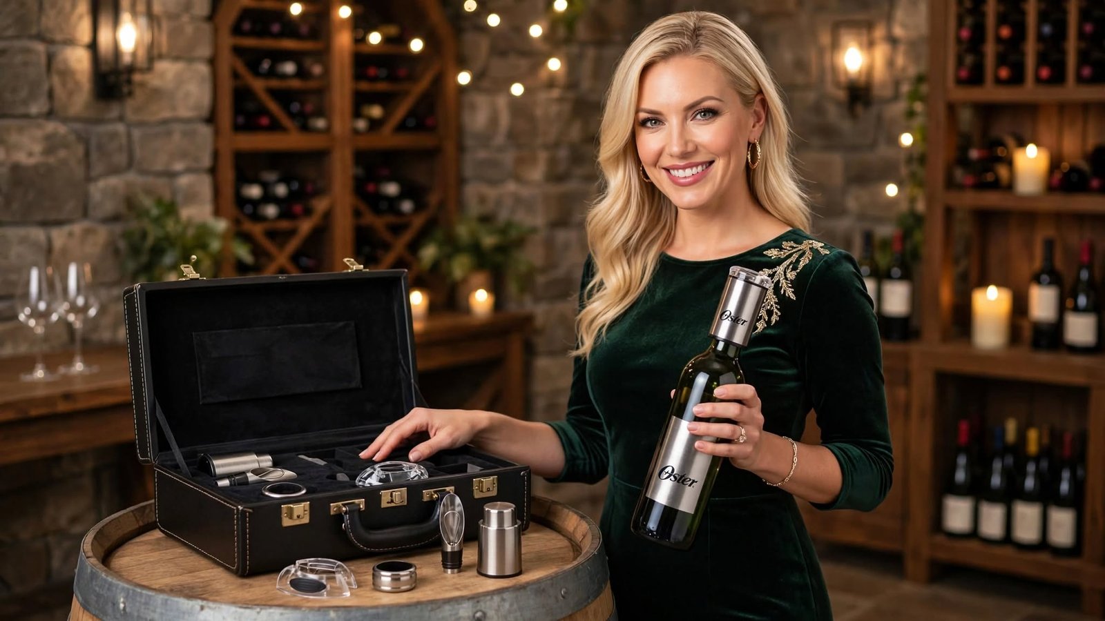 Kit para Vinho Oster Inspire: Vale a Pena Comprar? 1 Mulher loira elegante usando vestido verde abre uma garrafa de vinho com um saca-rolhas elétrico em inox da Oster. Sobre um barril de madeira, há uma maleta preta aberta exibindo os acessórios do kit para vinho, com taças e adega ao fundo.