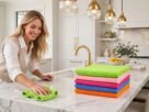 Uma mulher sorridente em uma cozinha moderna limpa uma bancada de mármore com um pano de microfibra verde. À direita, uma pilha colorida de panos de prato atoalhados (microfibra) nas cores verde-limão, rosa-claro, rosa-choque, azul e laranja está empilhada organizadamente sobre a bancada. O fundo mostra armários brancos, uma torneira dourada e luminárias pendentes em uma cozinha de luxo.