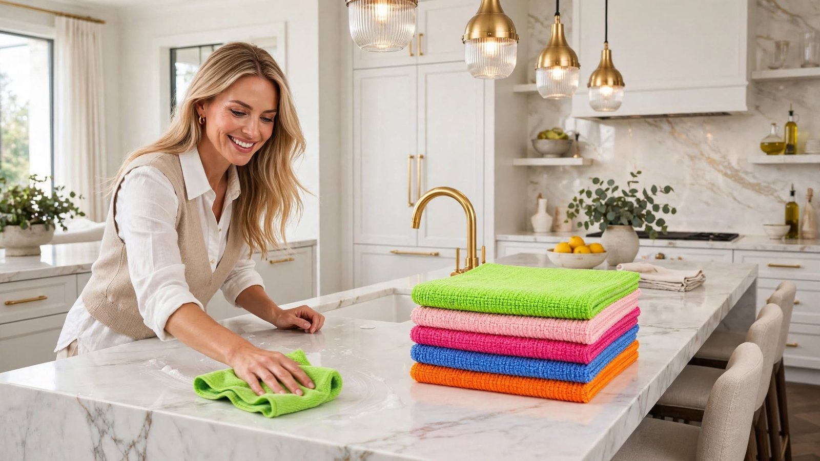 Uma mulher sorridente em uma cozinha moderna limpa uma bancada de mármore com um pano de microfibra verde. À direita, uma pilha colorida de panos de prato atoalhados (microfibra) nas cores verde-limão, rosa-claro, rosa-choque, azul e laranja está empilhada organizadamente sobre a bancada. O fundo mostra armários brancos, uma torneira dourada e luminárias pendentes em uma cozinha de luxo.