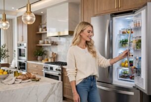 Uma mulher loira e sorridente, vestindo um suéter branco e jeans, está em pé em uma cozinha moderna e luxuosa com armários de madeira e bancadas de mármore. Ela está com as mãos na alça de um refrigerador duplex Electrolux IF41 Frost Free de cor branca com portas fechadas, que está embutido nos armários. Uma ilha de mármore com pães e limões está em primeiro