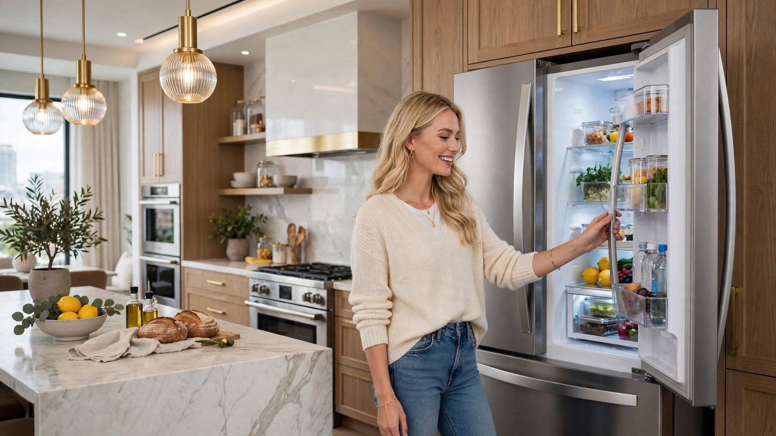 Uma mulher loira e sorridente, vestindo um suéter branco e jeans, está em pé em uma cozinha moderna e luxuosa com armários de madeira e bancadas de mármore. Ela está com as mãos na alça de um refrigerador duplex Electrolux IF41 Frost Free de cor branca com portas fechadas, que está embutido nos armários. Uma ilha de mármore com pães e limões está em primeiro