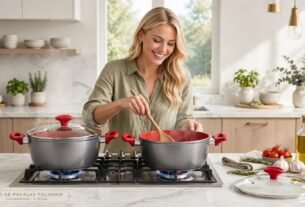 Jogo de Panelas Polishop Flavorstone 4 Peças vermelho sendo usado por mulher loira cozinhando em fogão de cozinha de luxo.