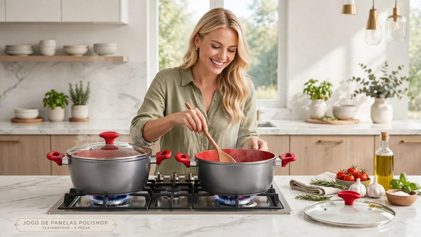 Jogo de Panelas Polishop Flavorstone 4 Peças vermelho sendo usado por mulher loira cozinhando em fogão de cozinha de luxo.