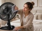 Mulher limpando ventilador de mesa Mondial preto com pano de microfibra em um quarto organizado.