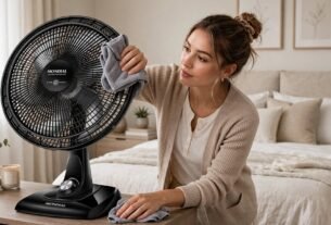 Mulher limpando ventilador de mesa Mondial preto com pano de microfibra em um quarto organizado.