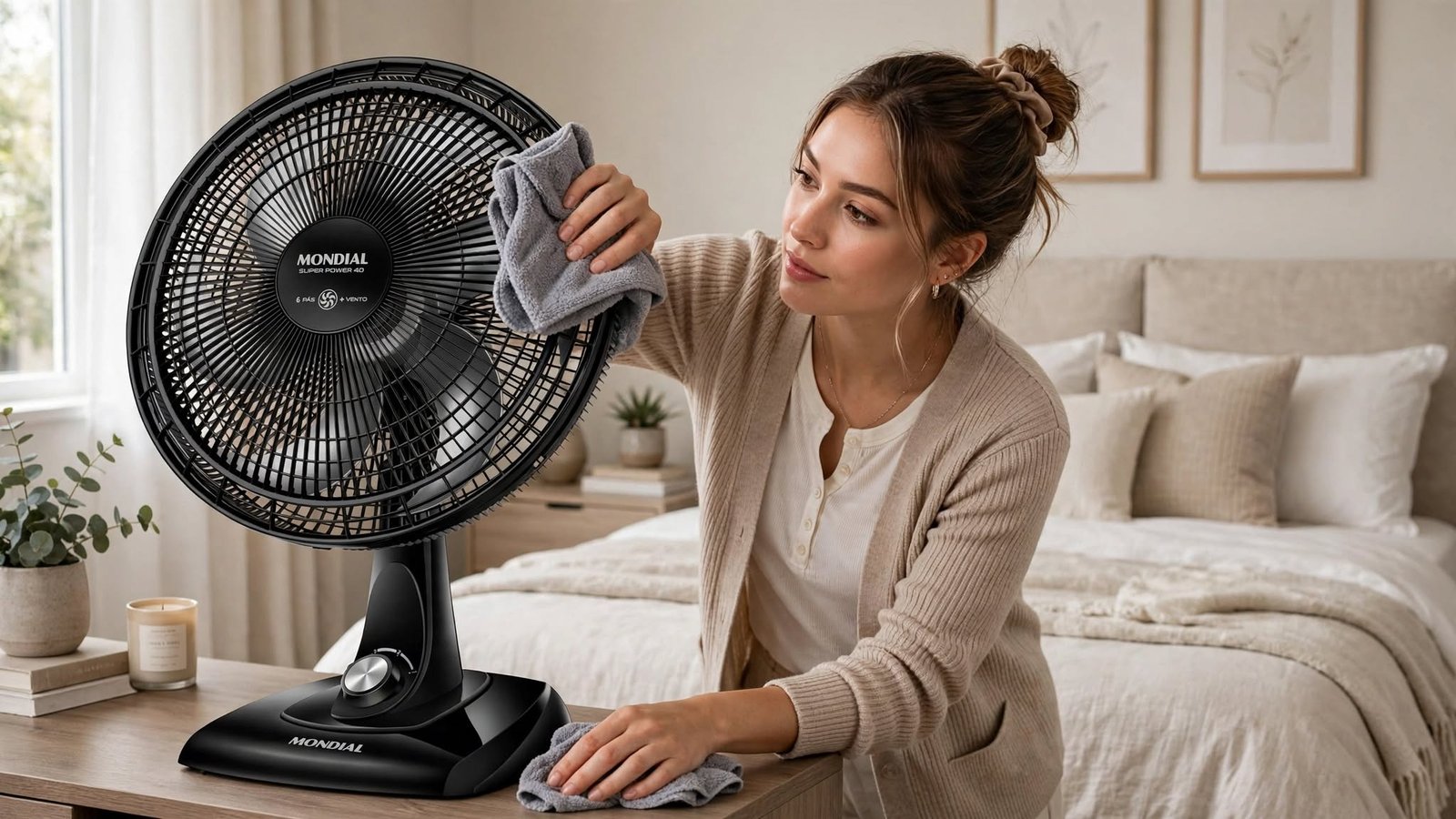 Mulher limpando ventilador de mesa Mondial preto com pano de microfibra em um quarto organizado.