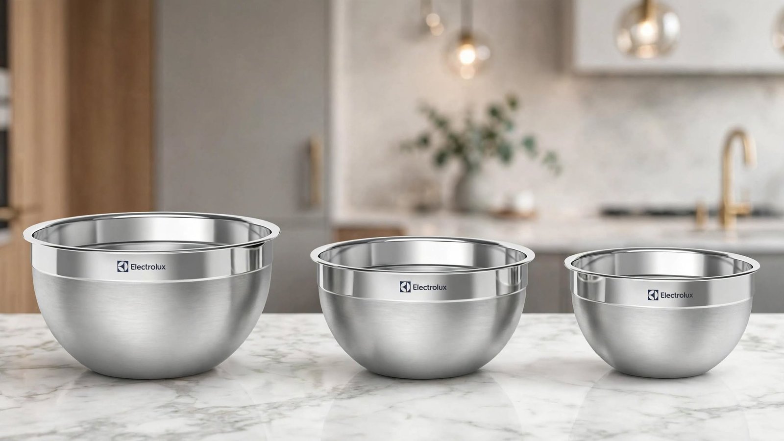 Kit Electrolux com três tigelas de aço inoxidável de diferentes tamanhos, dispostas sobre uma bancada de mármore em uma cozinha moderna.