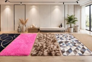 Cinco modelos de tapetes para sala em diferentes estilos, incluindo tapetes felpudos, geométricos e de fibra natural, em uma sala moderna com decoração neutra.