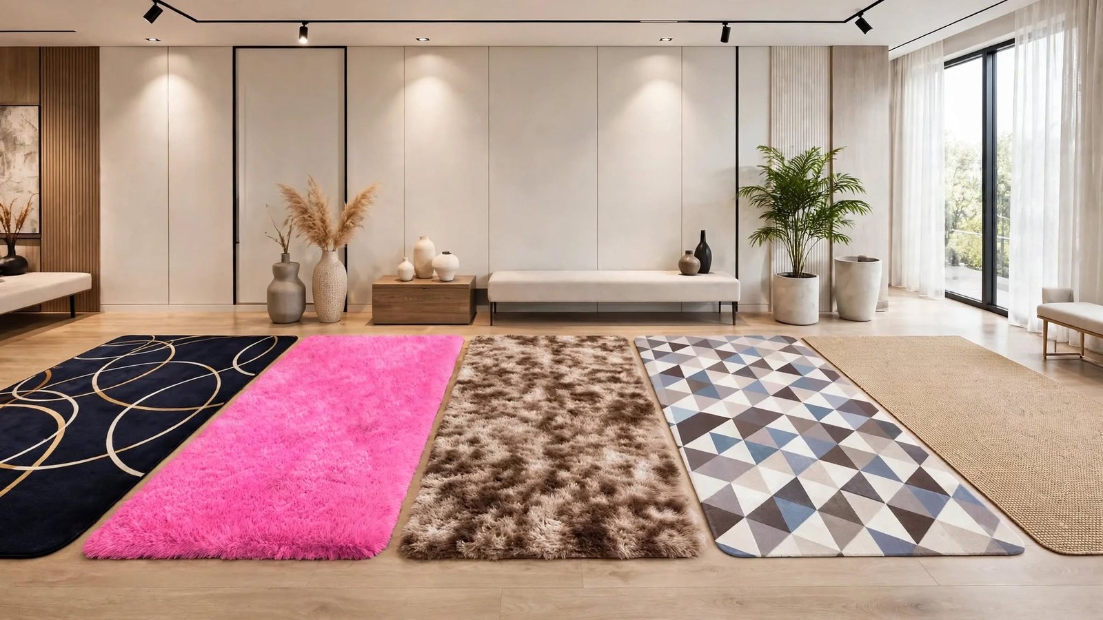 Cinco modelos de tapetes para sala em diferentes estilos, incluindo tapetes felpudos, geométricos e de fibra natural, em uma sala moderna com decoração neutra.