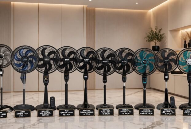 Comparativo dos 10 melhores ventiladores de coluna e mesa de 2026 das marcas Mondial, Arno, Mallory, WAP, Ventisol, Britânia, Philco e Cadence em um ambiente moderno