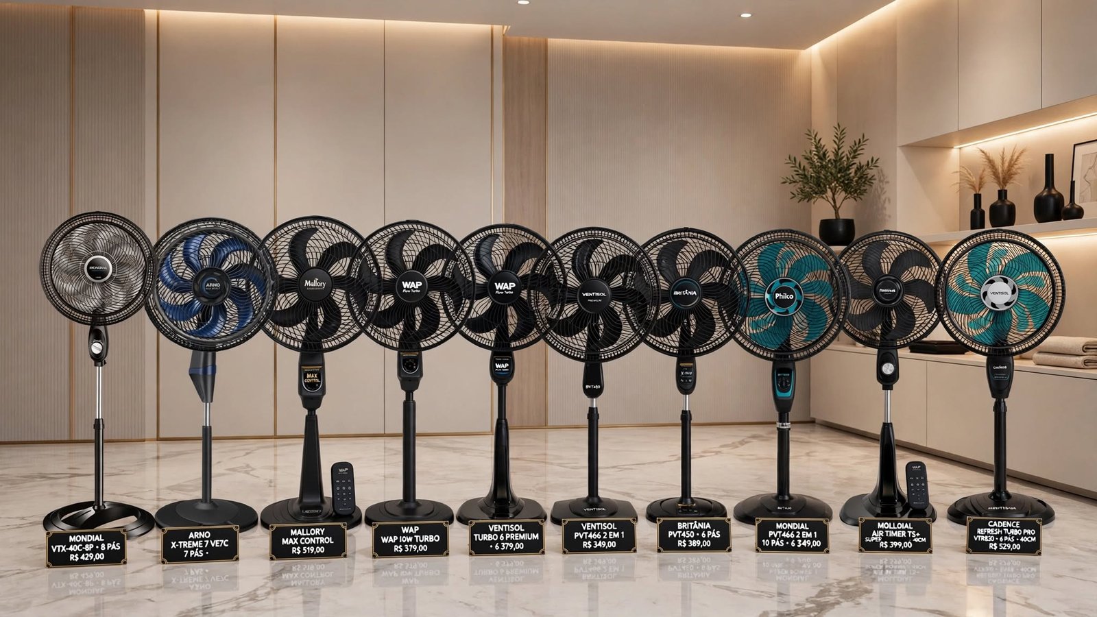 Os 10 Melhores Ventiladores de Pé de 2026: Compare e Escolha 1 Comparativo dos 10 melhores ventiladores de coluna e mesa de 2026 das marcas Mondial, Arno, Mallory, WAP, Ventisol, Britânia, Philco e Cadence em um ambiente moderno