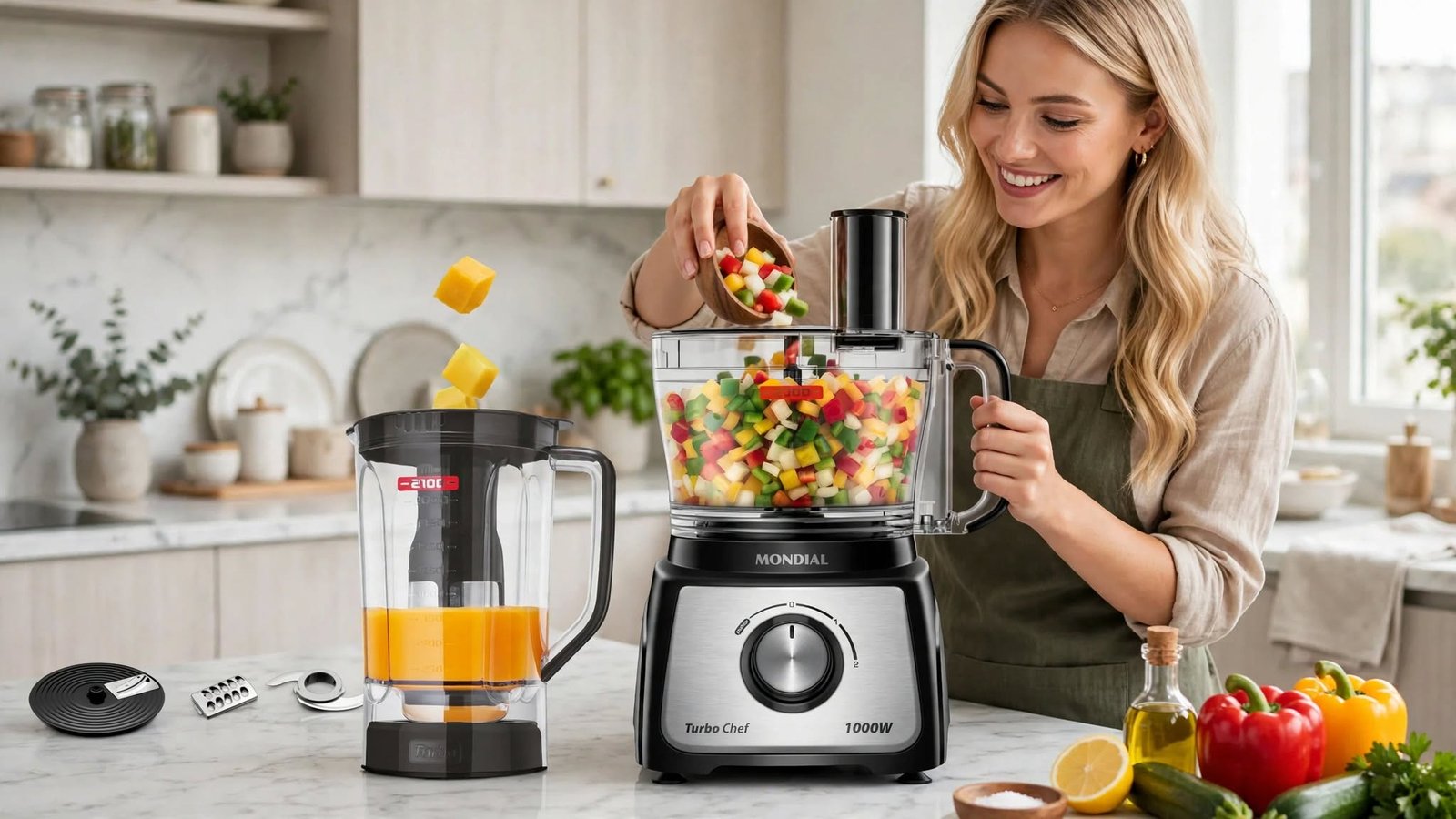 Multiprocessador Mondial Turbo Chef 1000W preto com jarra de liquidificador e acessórios para picar, ralar e fatiar alimentos em uma cozinha moderna.